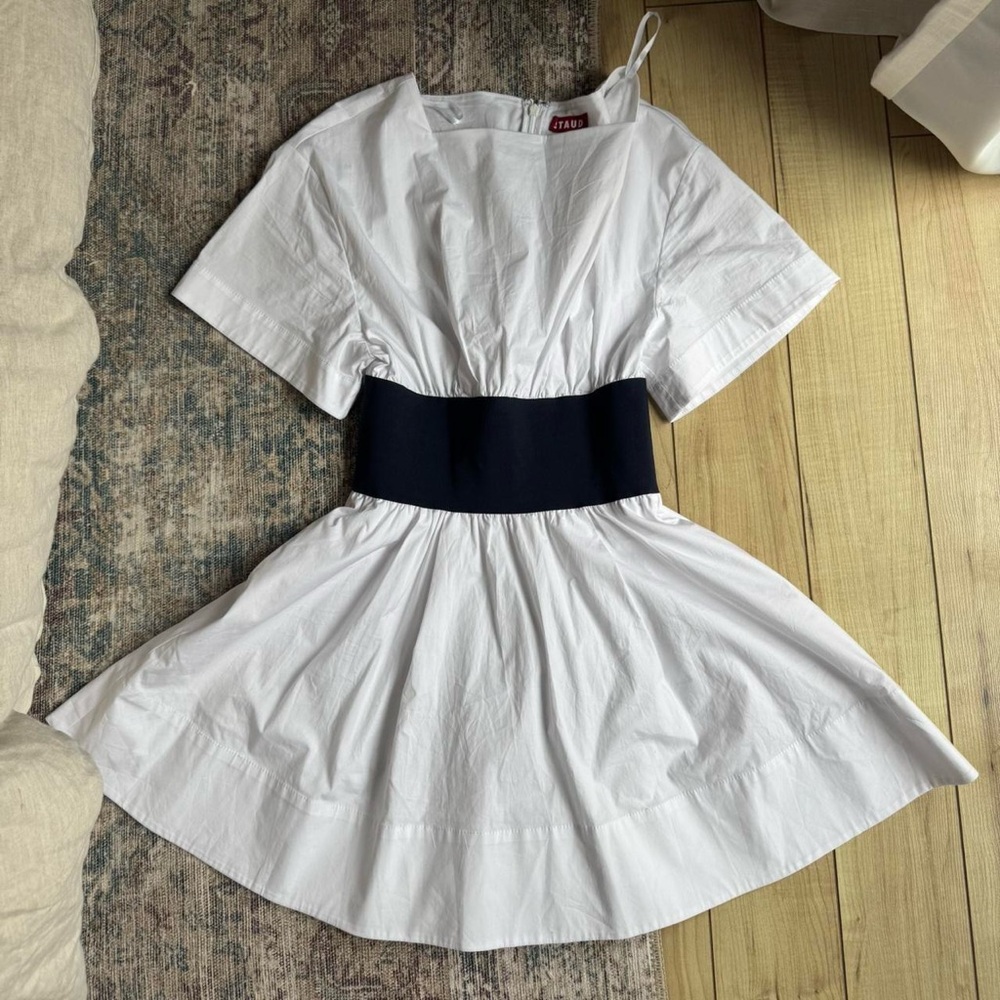 White Midi Fit-and-Flare Dress with navy Waist Panel -